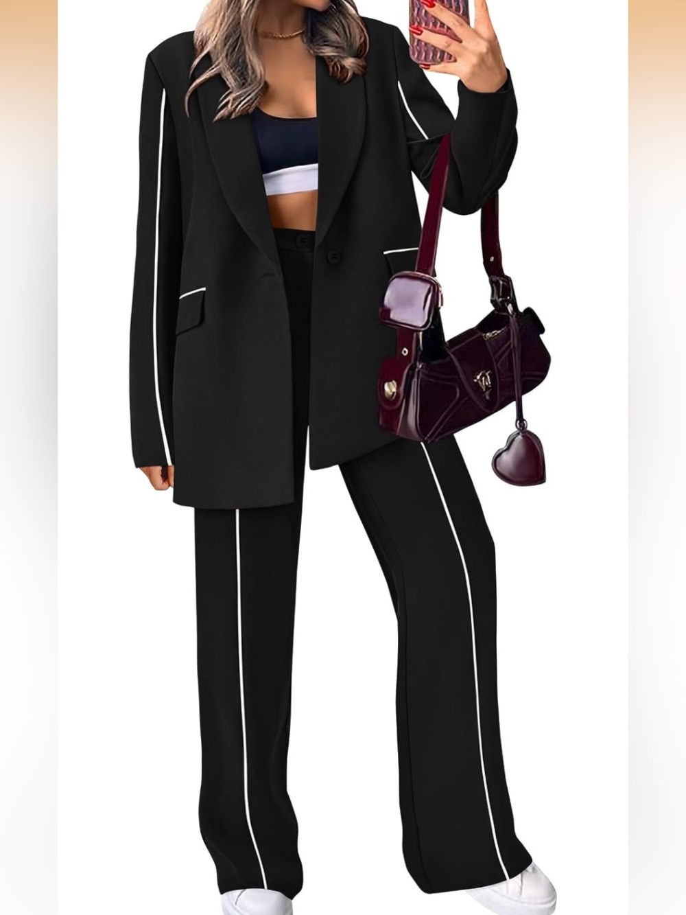 PrettyGarden Women's Fall Spring 2 Piece Blazer Suit Set Black